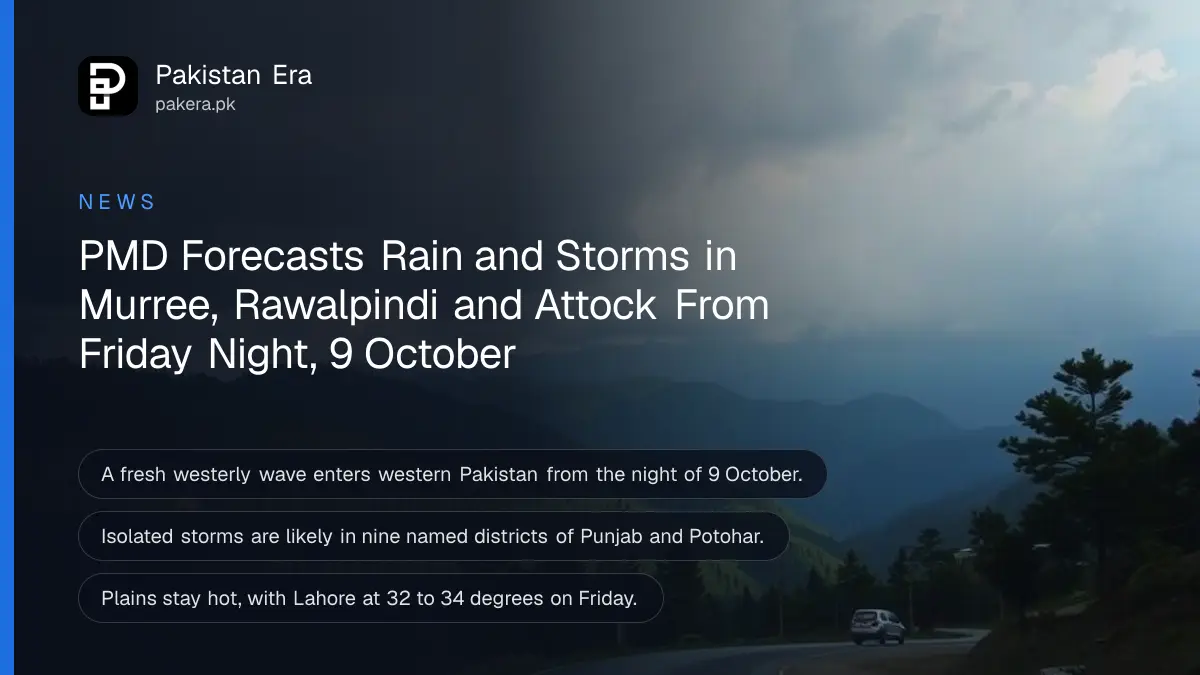 Dark clouds gathering over green hills above a quiet road near Murree in the evening
