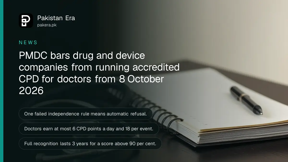 A stethoscope, a notebook and a pen on a wooden table, for doctors' continuing education in Pakistan