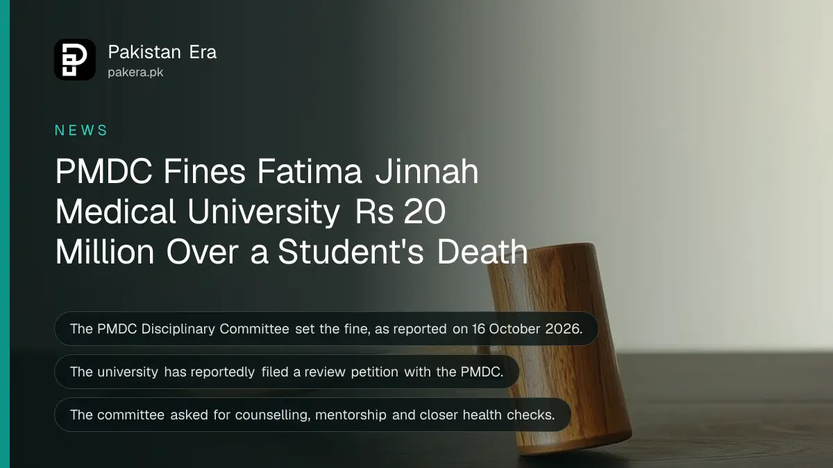 A wooden gavel on a dark wooden table, for news of the PMDC fine on Fatima Jinnah Medical University
