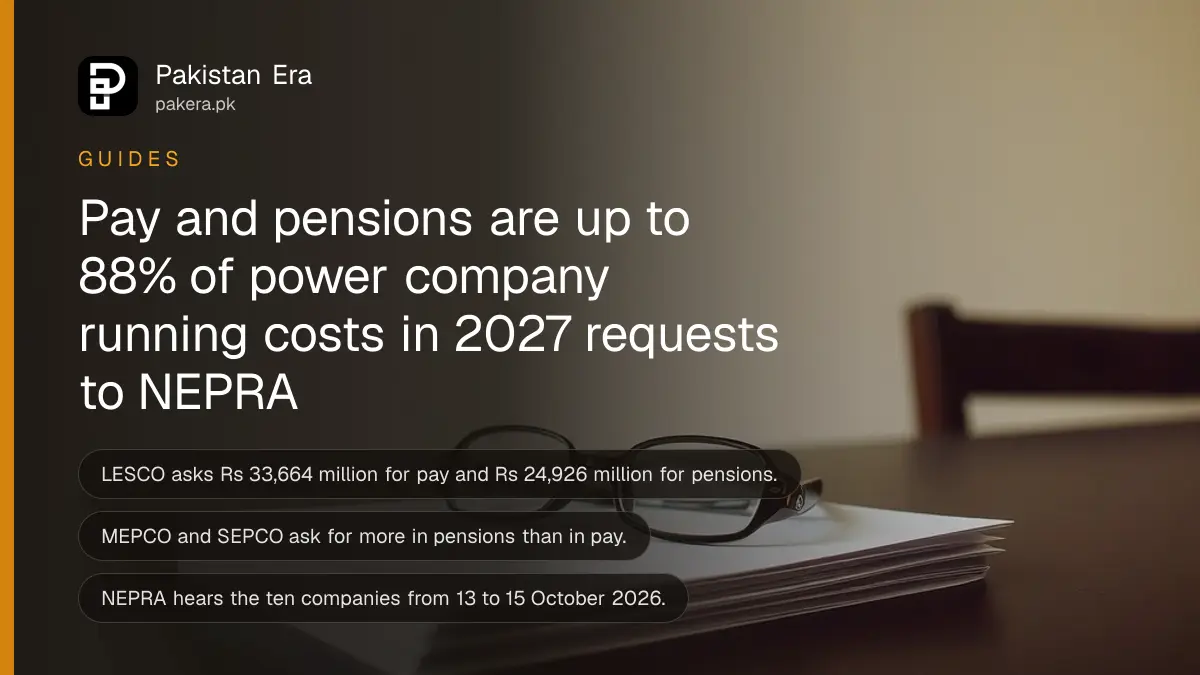Reading glasses on a stack of paper on a dark wooden table, for a story on power company costs in Pakistan