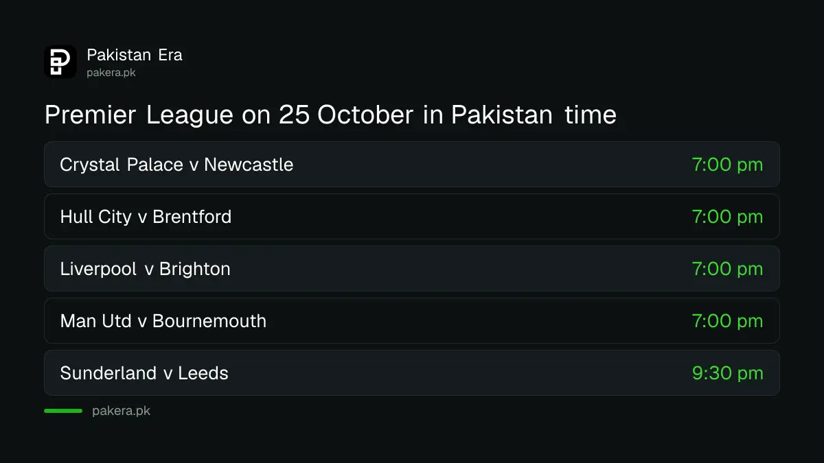 Premier League matches on 25 October 2026 with kick-off times in Pakistan