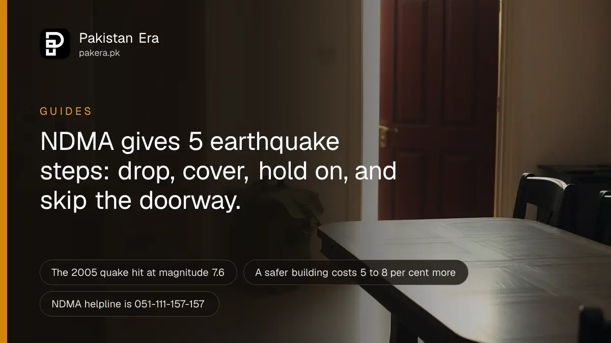A sturdy wooden table in a Pakistani living room with an emergency kit bag beside the door