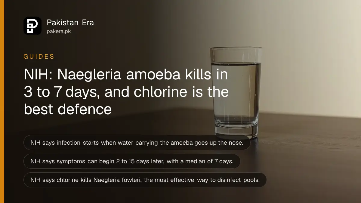 A glass of water on a dark wooden table, for a guide to preventing Naegleria infection in Pakistan