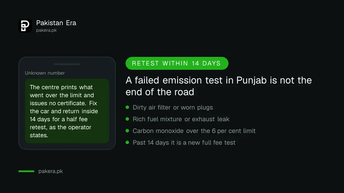 What happens after a failed emission test in Punjab and the 14 day retest