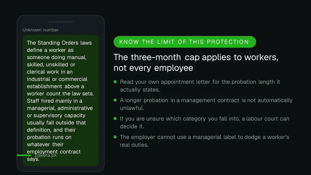 Notice explaining that the three-month probation cap applies to workers under the Standing Orders, not to every employee