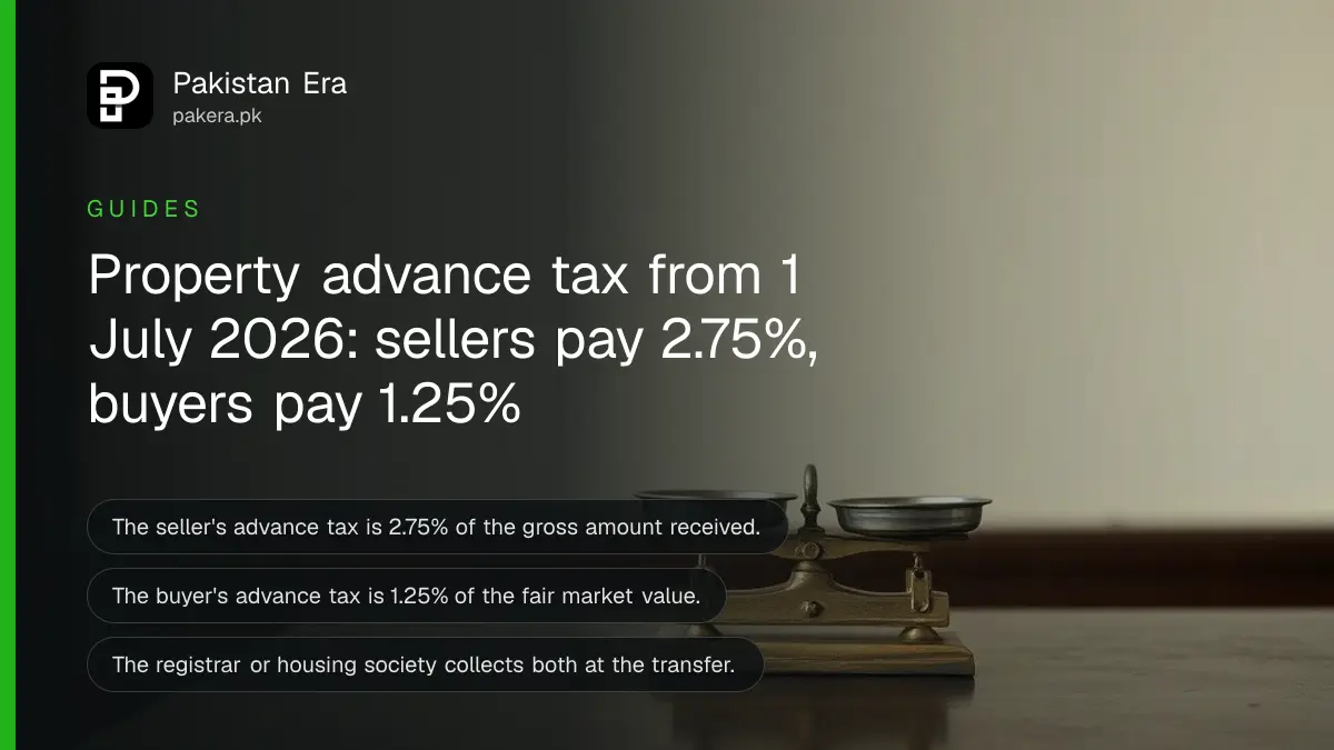 A small brass balance scale on a dark wooden table, for a guide on property tax in Pakistan