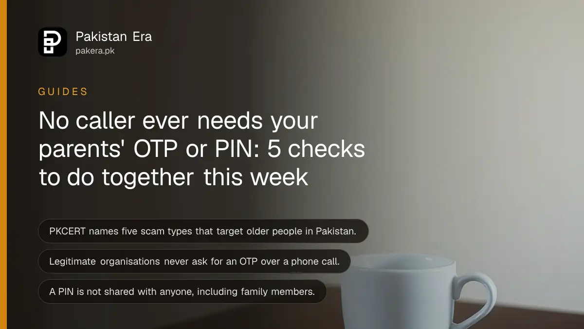 A white tea cup alone on a dark wooden table, for a guide on protecting elderly parents from phone scams in Pakistan