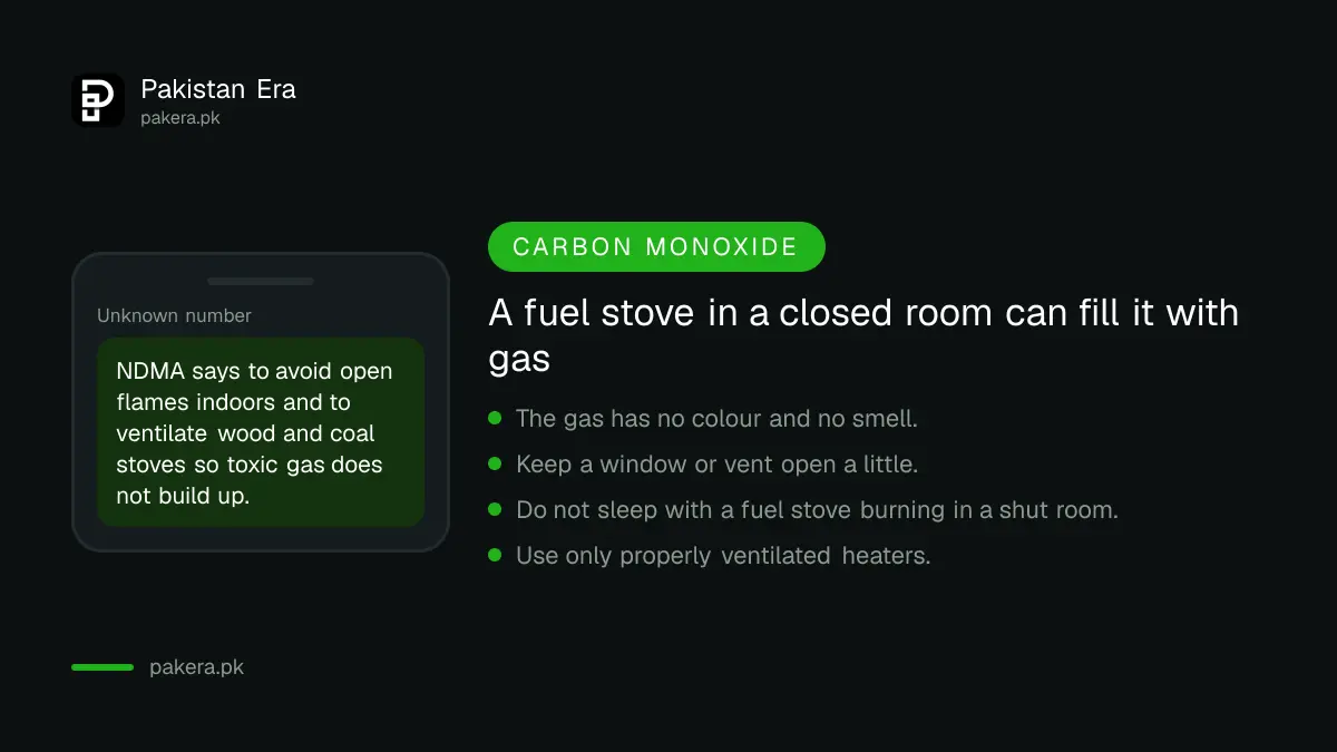 Heating safety rules from NDMA's winter plan to avoid carbon monoxide in Pakistan