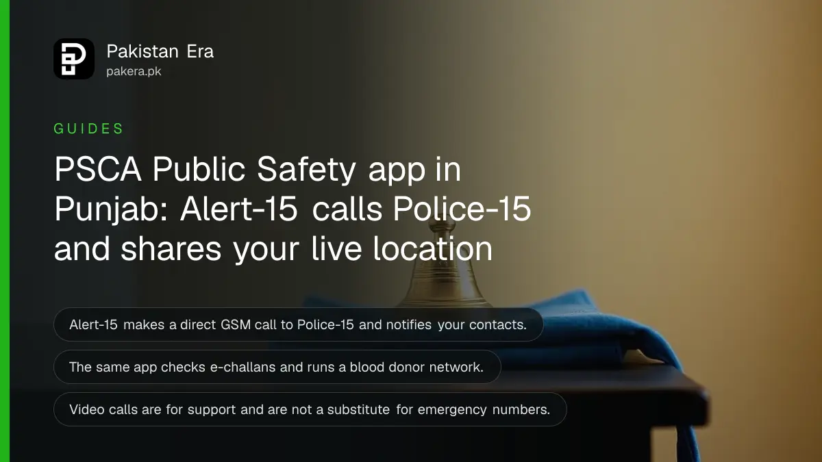 A small brass bell and a folded blue cloth on a dark wooden table, for a guide to the PSCA Public Safety app in Punjab