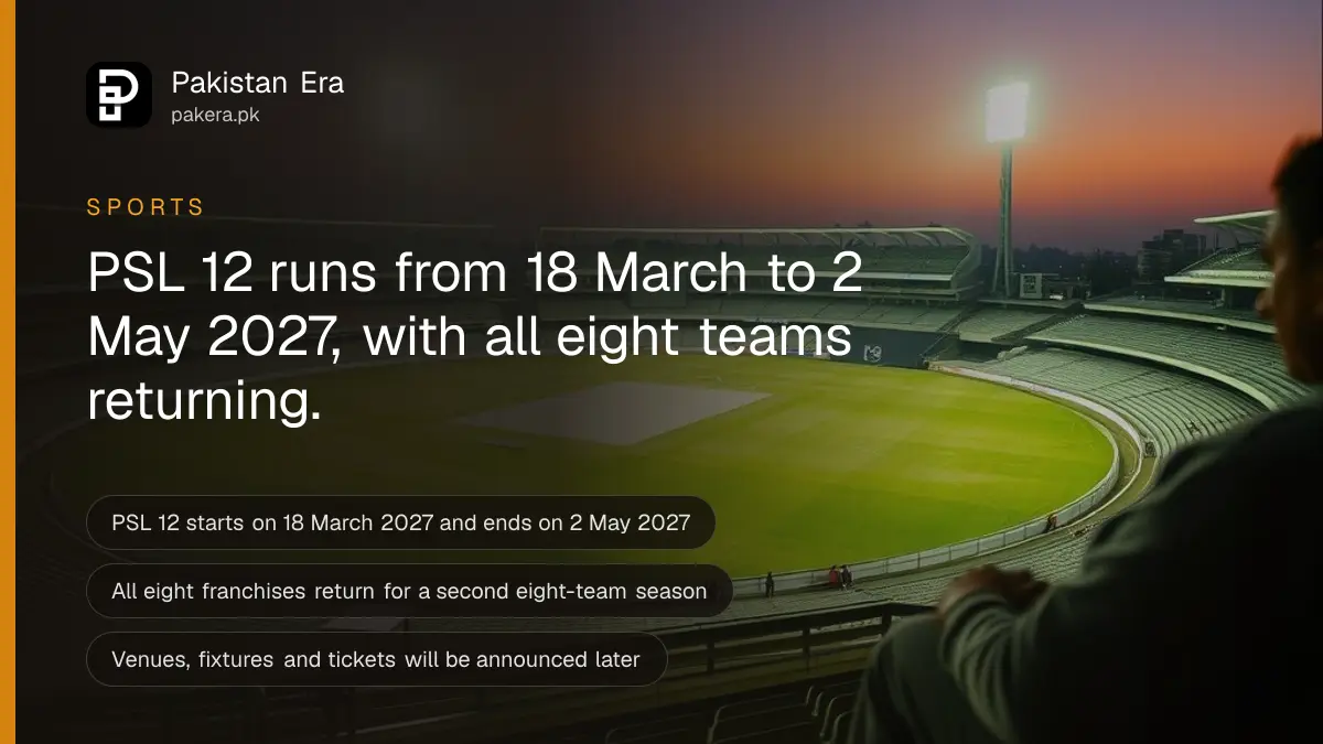 Floodlit cricket stadium in Lahore at dusk with empty stands, ahead of the PSL 12 season