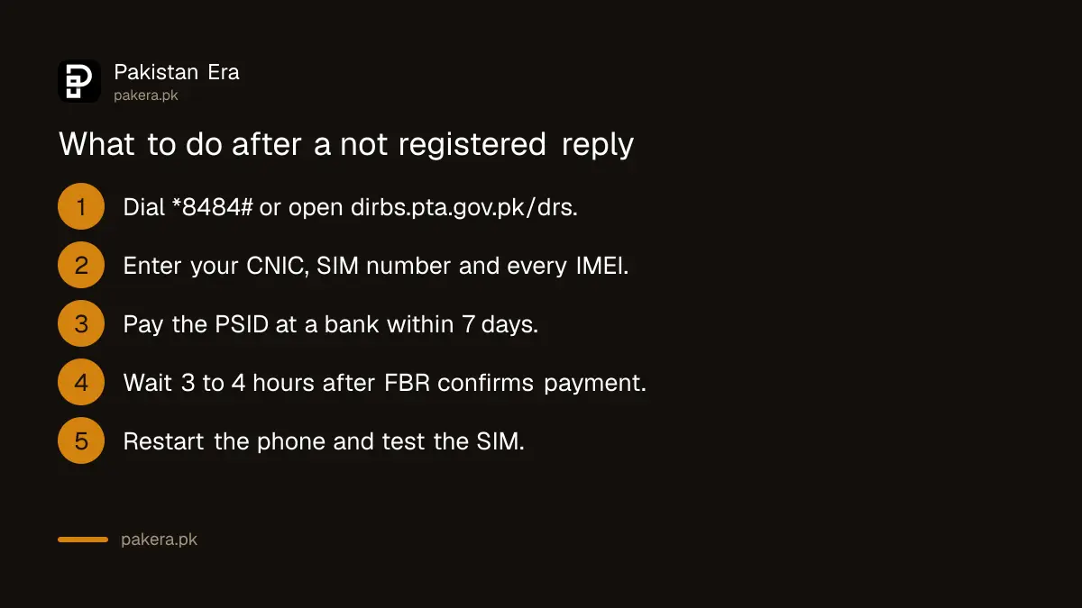 Steps after a GSMA valid but not registered reply from PTA 8484