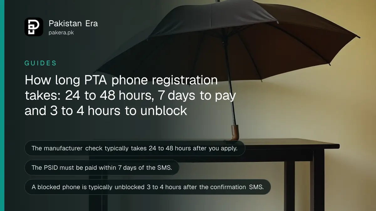 A plain umbrella on a dark wooden table, for an article on how long PTA phone registration takes