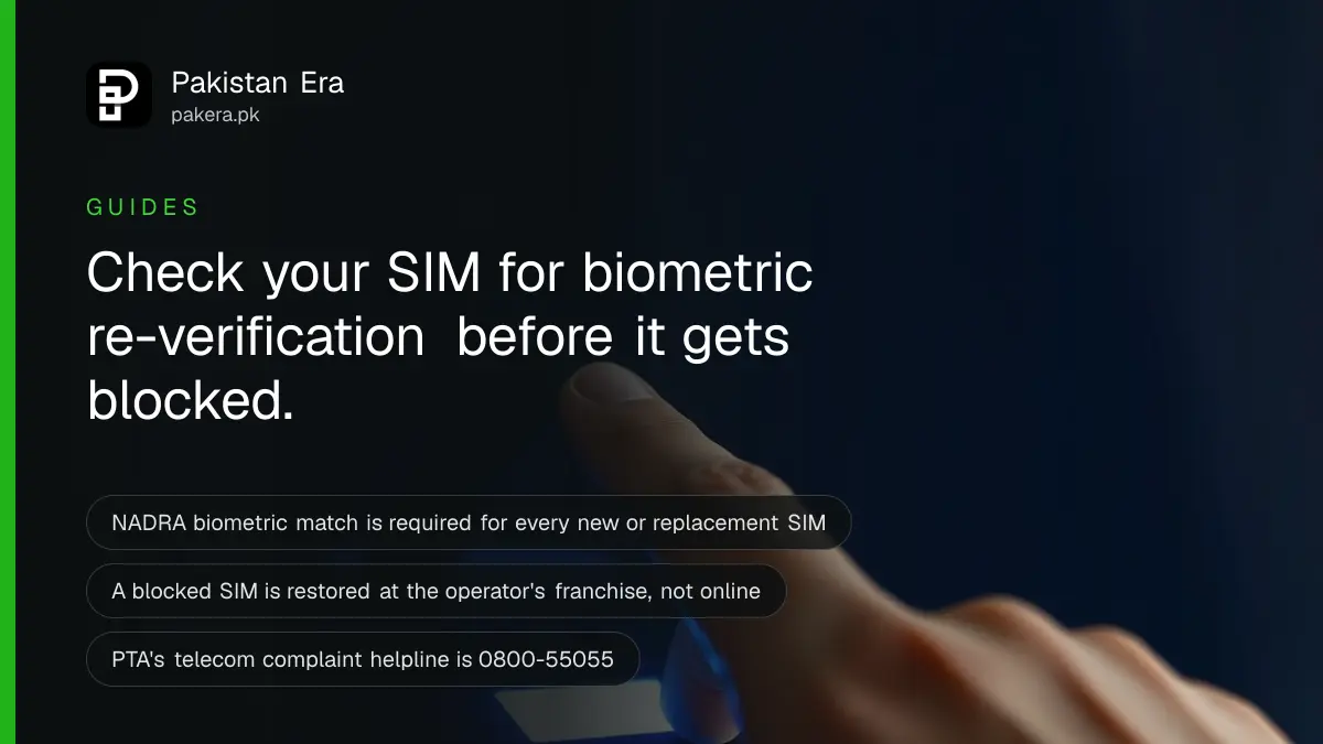 A customer placing a thumb on a biometric fingerprint scanner at a mobile network franchise counter in Islamabad