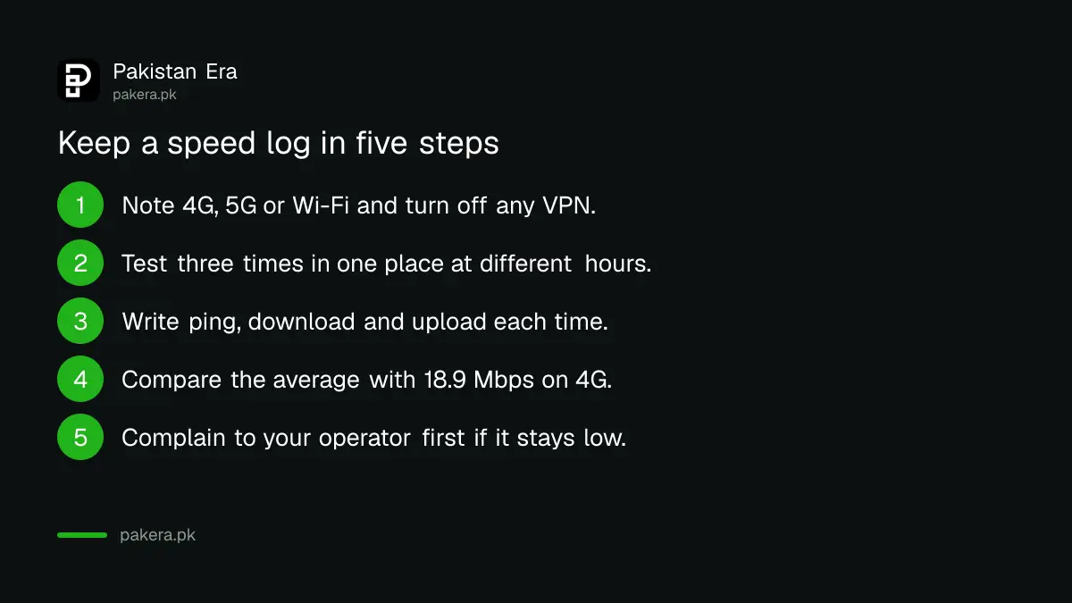 A five step speed test log to compare your mobile internet with PTA's national average in Pakistan