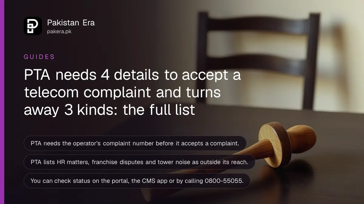 A gavel on a dark wooden table, for an article on what PTA accepts and rejects as a telecom complaint