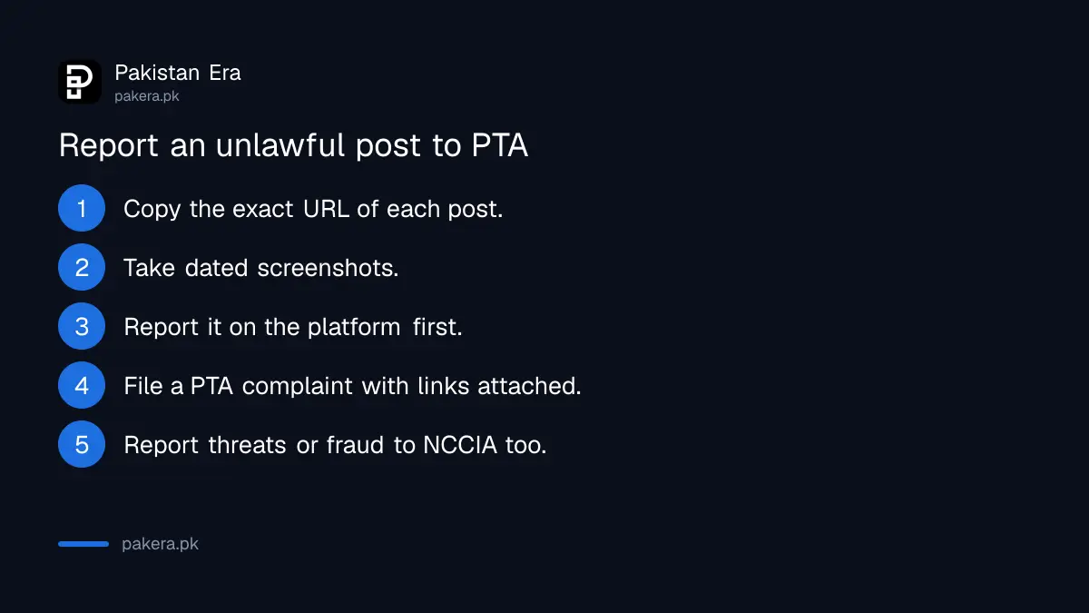 Steps to report an unlawful post or fake profile to PTA in Pakistan