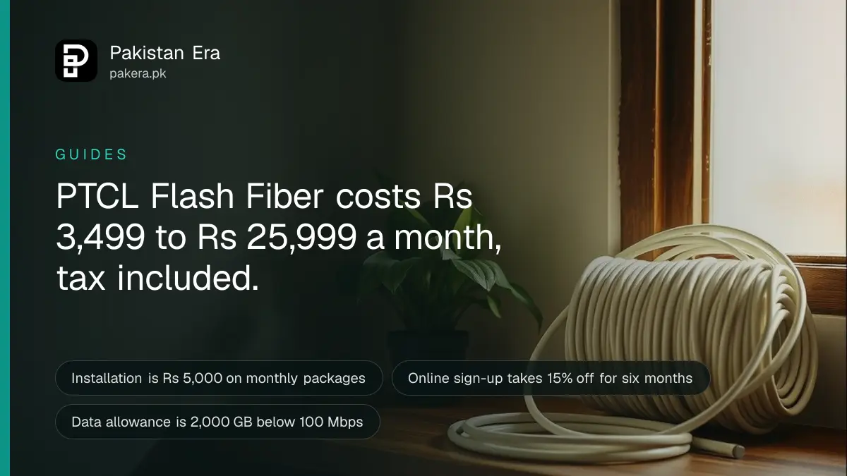 A thin white fibre cable coiled neatly beside a wall socket and a small modem in a Lahore home