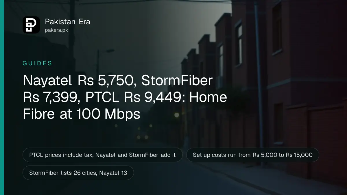 A quiet Lahore residential street at dusk with cables running along brick houses and warm lights in the windows