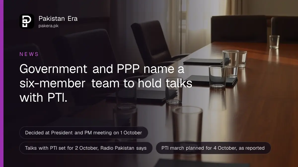 An empty wooden meeting table with six chairs, water glasses and closed notebooks in a quiet room in Islamabad