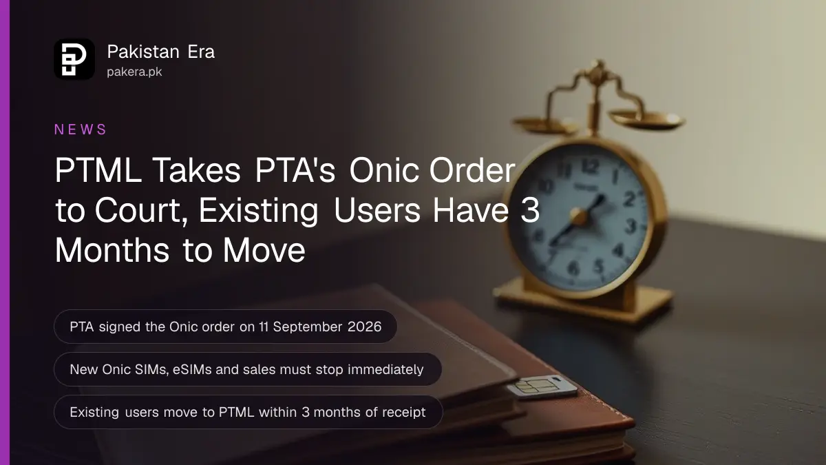 A small brass scale, a closed notebook and a white SIM card on a dark wooden table, for news of PTML challenging PTA's Onic order in court