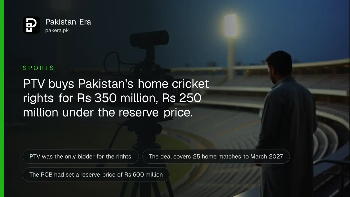 Television camera on a tripod beside a floodlit cricket ground in Pakistan at dusk