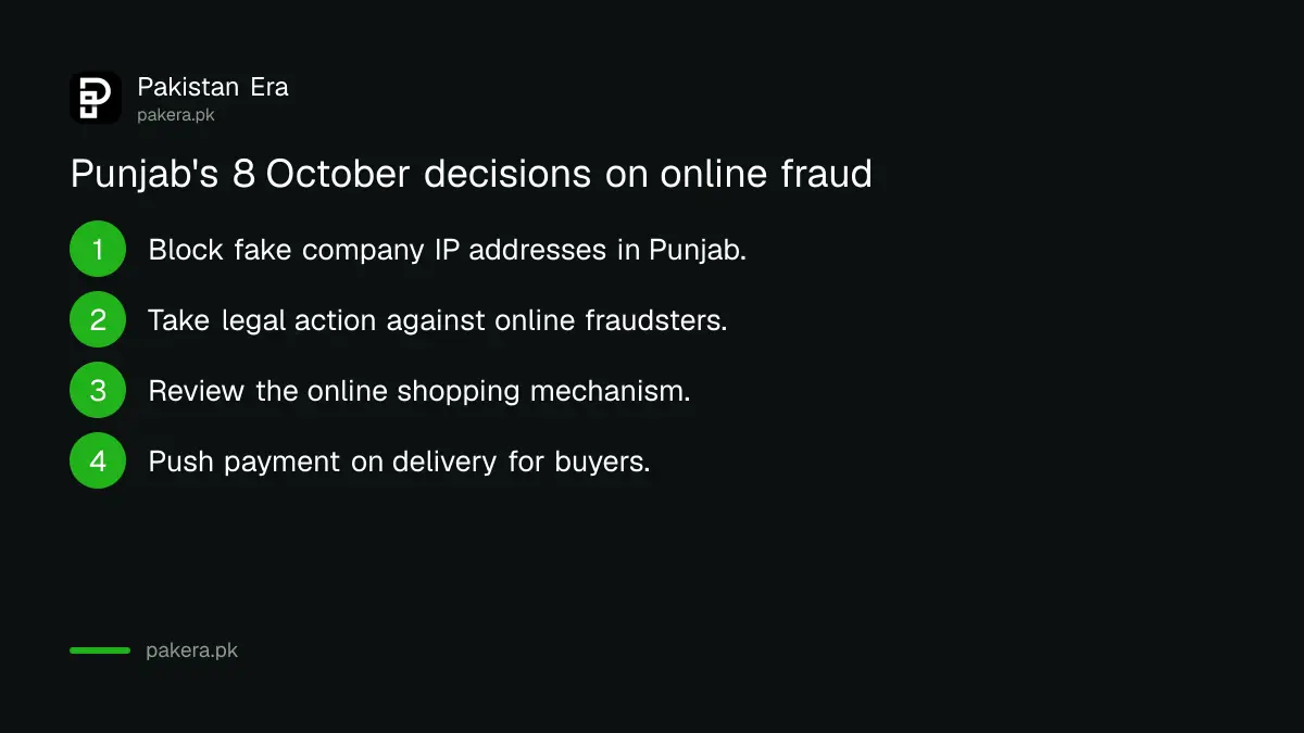 Punjab Enforcement Department decisions of 8 October 2026: block fake shopping sites, legal action, payment on delivery