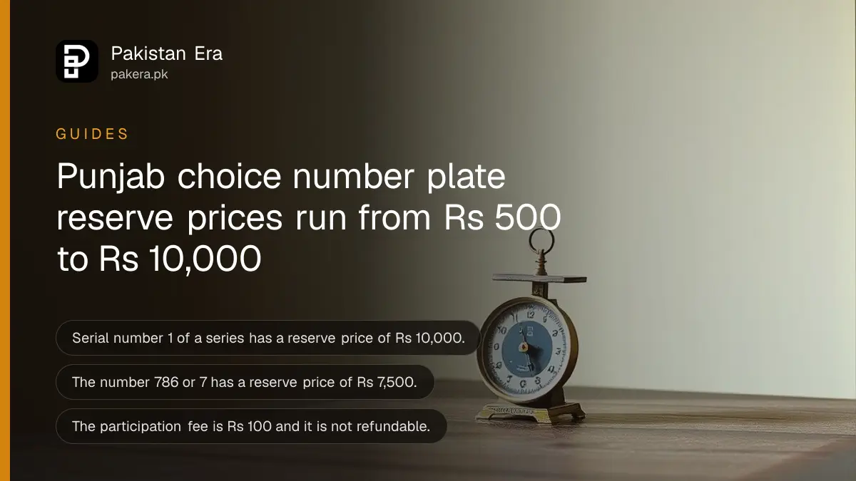 A small brass scale on a dark wooden table, for a guide to Punjab number plate reserve prices