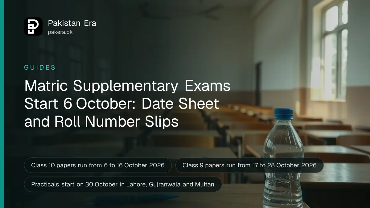 Rows of empty wooden exam desks with a blue pen and a clear water bottle in a sunlit school hall in Lahore