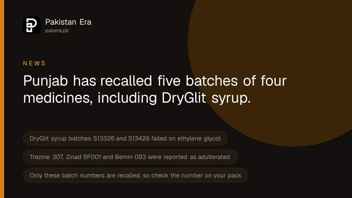 Punjab medicine recall of DryGlit syrup, Trezine, Zinad and Bemin batches, September 2026