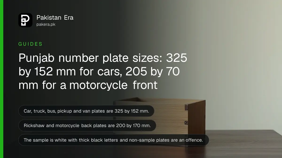 A plain wooden box on a dark wooden table, for a guide to Punjab number plate sizes