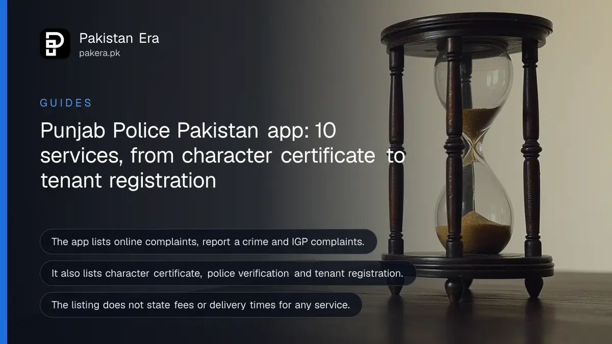 Still life of a small wooden hourglass on a dark wooden table, for a guide to the Punjab Police Pakistan app