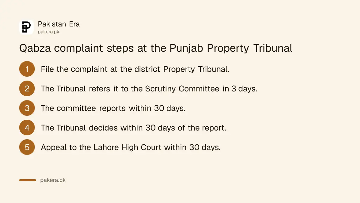 Steps of a qabza complaint at the Punjab Property Tribunal