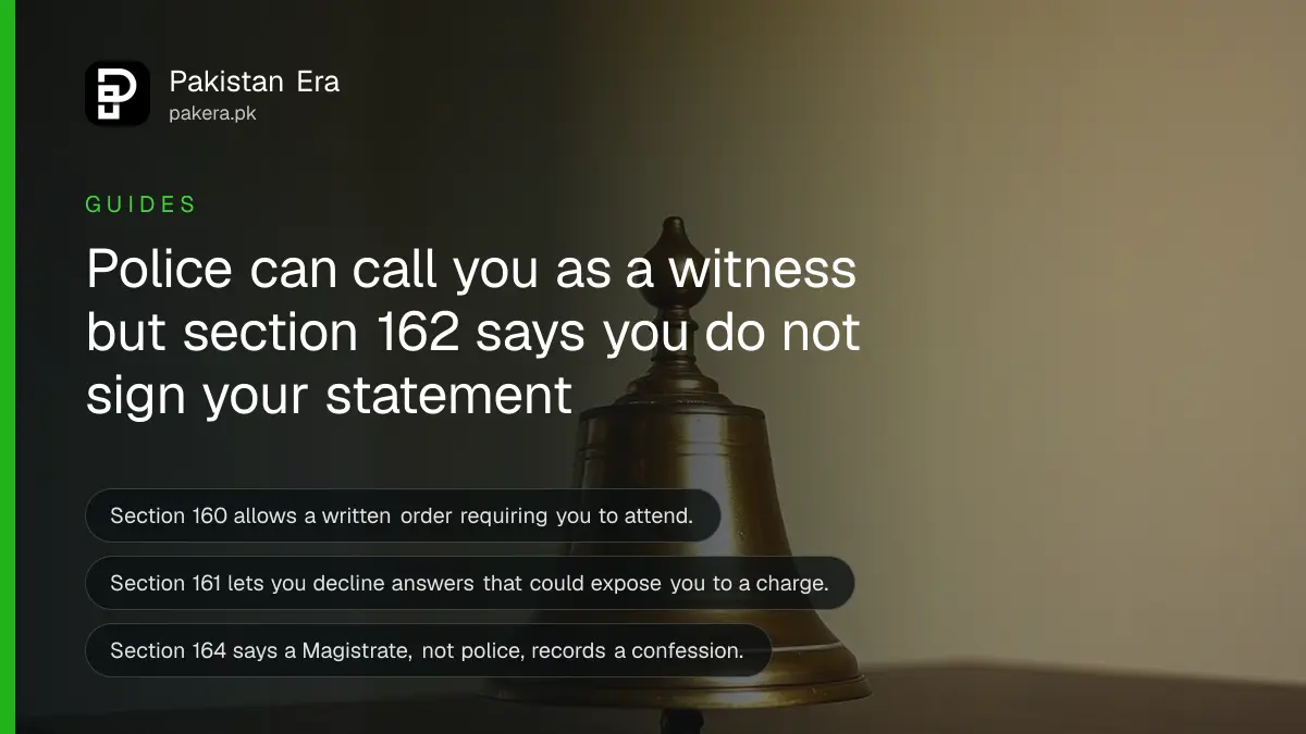 A plain brass bell on a dark wooden table, for a guide on being called by police as a witness in Pakistan