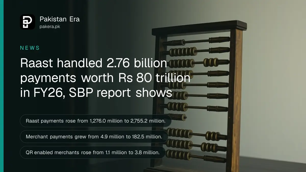 A brass abacus on a dark wooden table, for an article on Raast payment growth in FY26