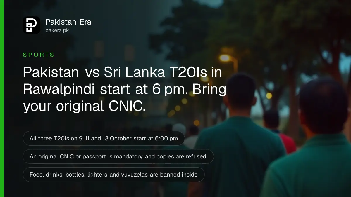 Cricket fans in green shirts walking towards a floodlit stadium in Rawalpindi in the early evening