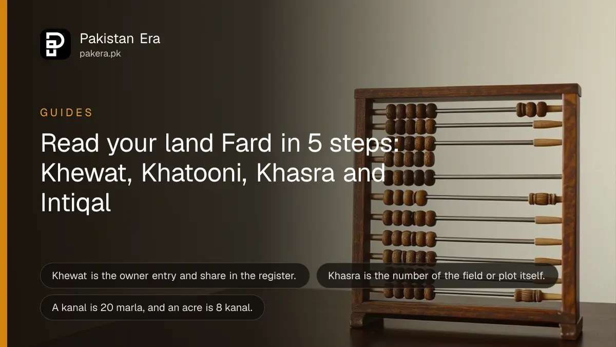 A wooden abacus on a dark wooden table, for a guide on reading a land Fard in Pakistan