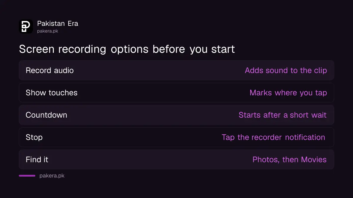 Screen recording options: record audio and show touches