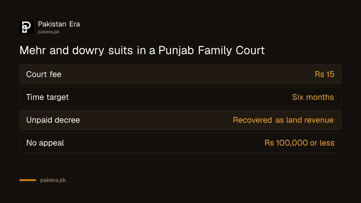 Recover haq mehr and dowry in a Punjab Family Court: Rs 15 court fee, six month target