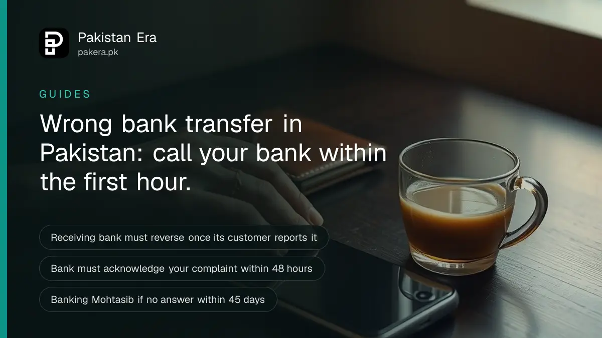 A hand holding a smartphone face down over a wooden table beside a closed leather wallet and a cup of chai