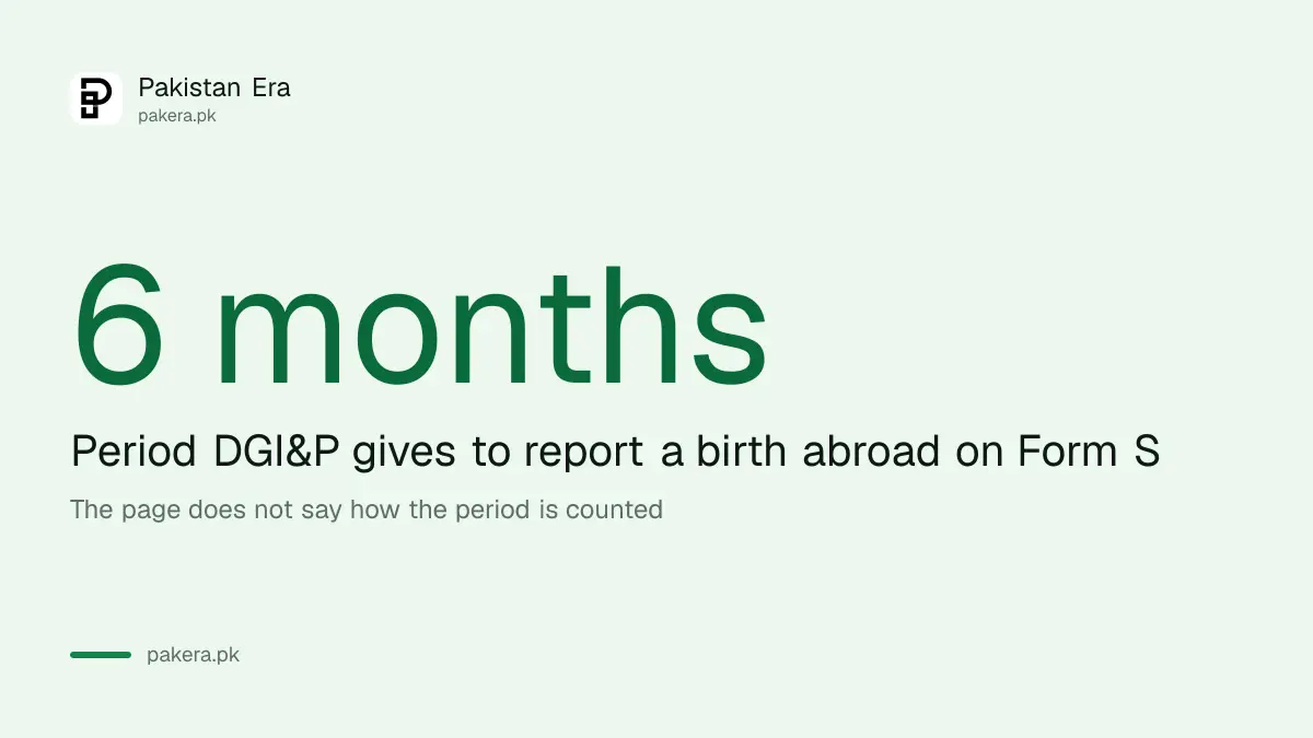 Six months to report a child's birth abroad on Form S to a Pakistan Mission