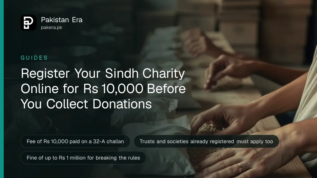Volunteers' hands packing bags of rice and lentils on a long table at a community kitchen in Karachi
