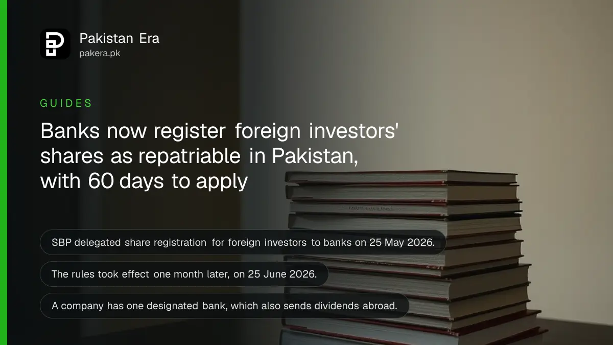 A stack of plain books on a dark wooden table, for an article on registering foreign shareholders shares in Pakistan
