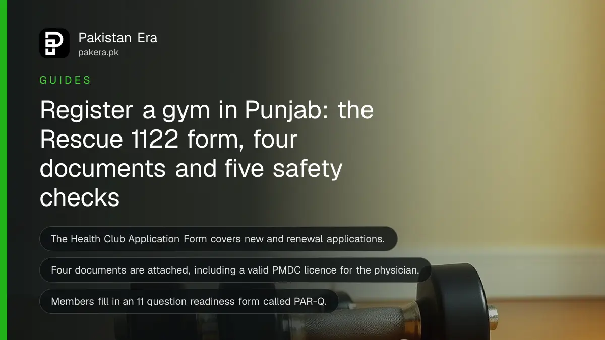 A pair of dumbbells on a plain wooden floor, for a guide to registering a gym with Rescue 1122 in Punjab