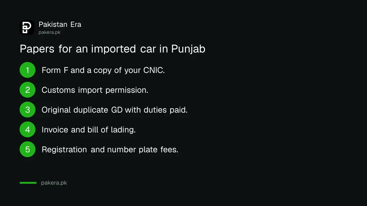 Documents needed to register an imported car in Punjab in the importer's name