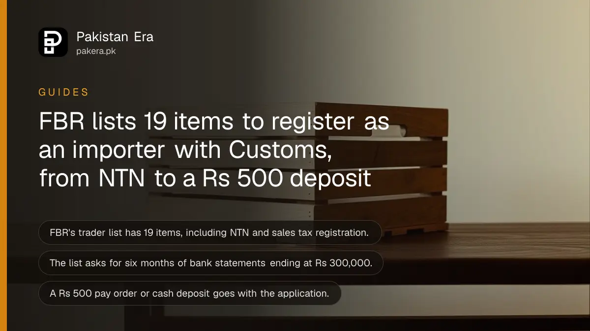 A wooden crate with plain slats on a dark wooden table, for a guide to registering as an importer in Pakistan