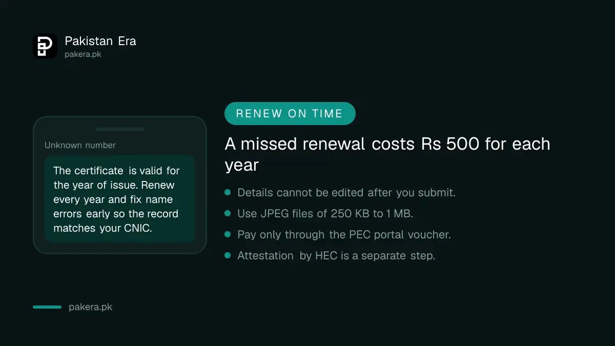 Renewal and correction warning for Pakistan Engineering Council registration