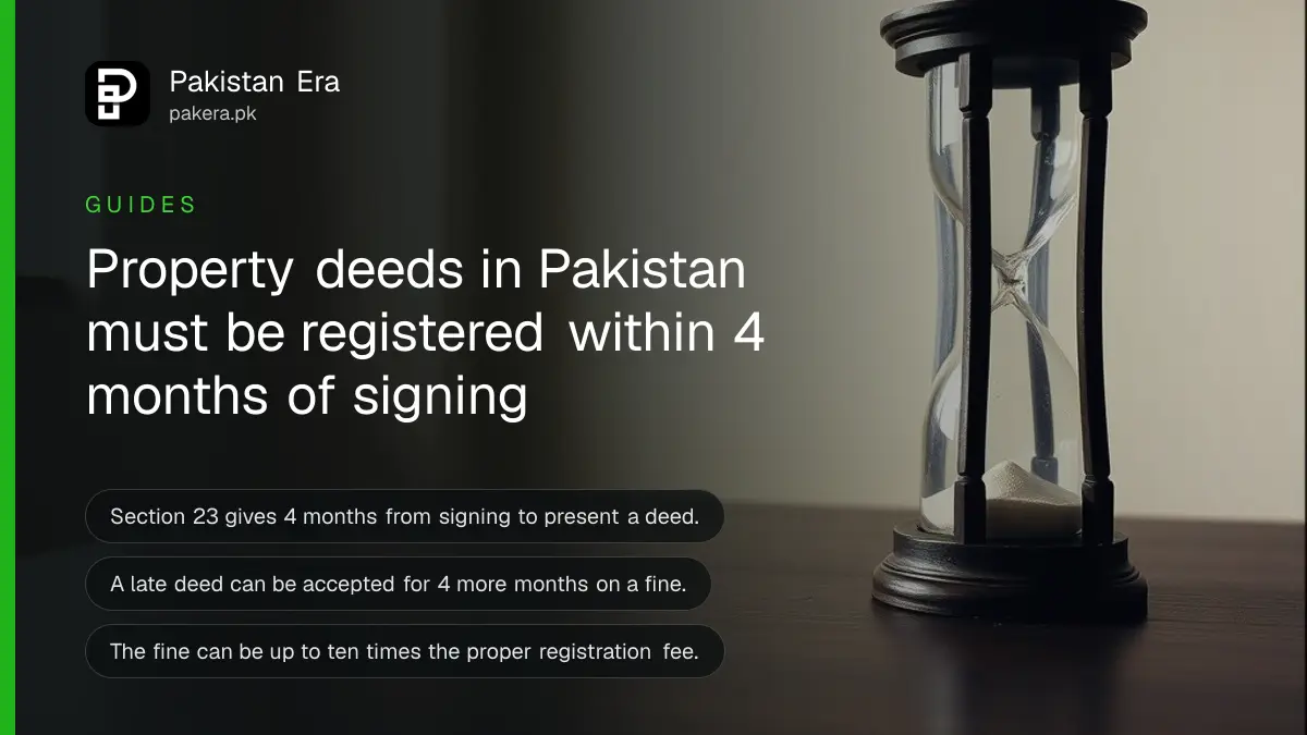 An hourglass on a dark wooden table, for a guide on the four month deadline to register a property deed in Pakistan