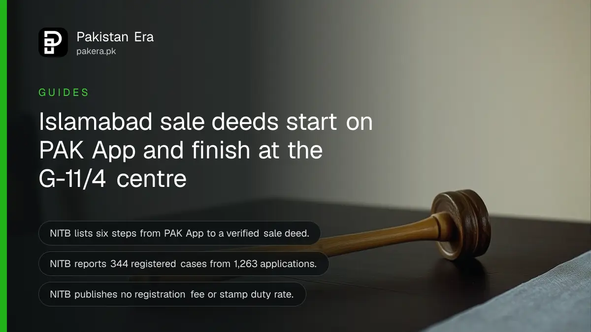 A wooden gavel on a dark wooden table, for a guide on registering a sale deed in Islamabad through PAK App