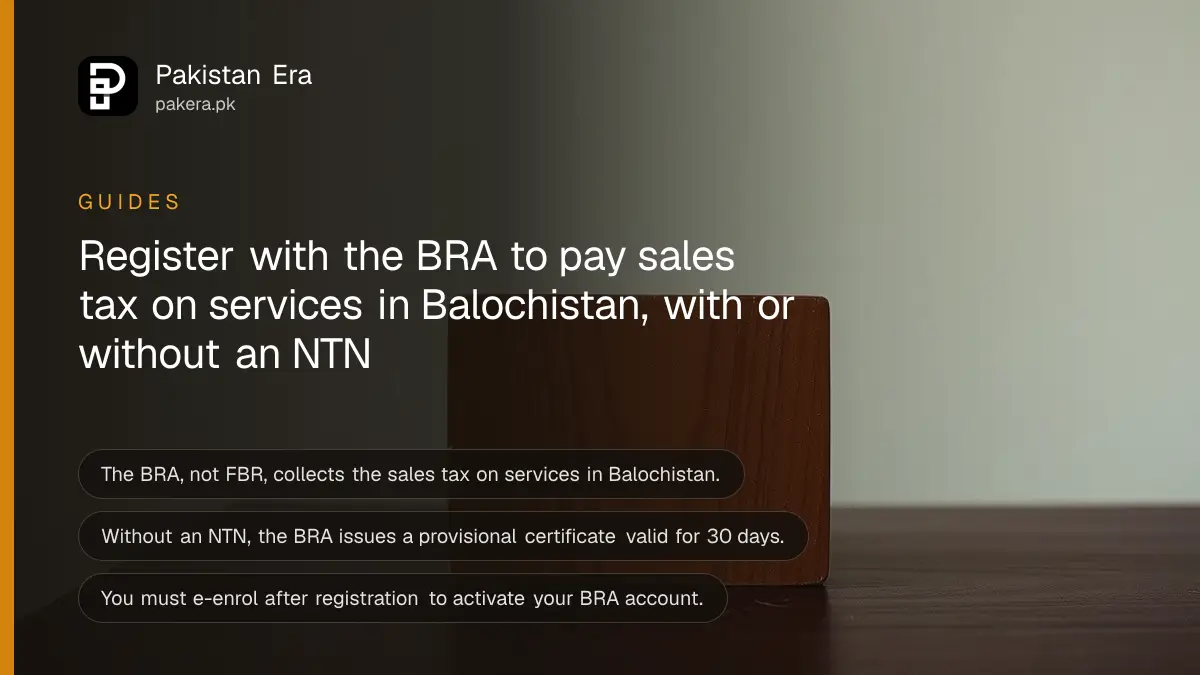 A wooden block on a dark wooden table, for a guide on registering with the Balochistan Revenue Authority for sales tax on services