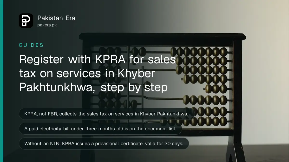 An old brass abacus on a dark wooden table, for a guide on registering for sales tax on services with KPRA in Khyber Pakhtunkhwa